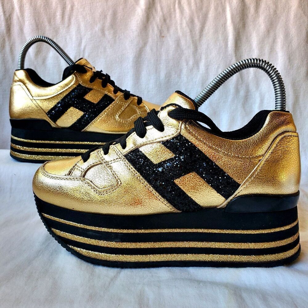 Hogan H368 Womens Maxi Sole Leather Sneakers Gold/Black Glitter Sz EU35.5/US 5.5